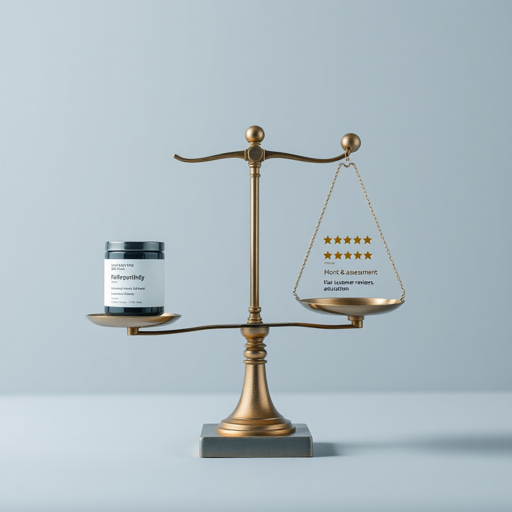  Create a photorealistic image featuring a balanced scale with a product on one side and customer reviews on the other, symbolizing unbiased assessment. The scale should be in equilibrium, indicating a fair evaluation. The background should be neutral, with soft lighting. Use a color palette of balanced grays and subtle blues.
