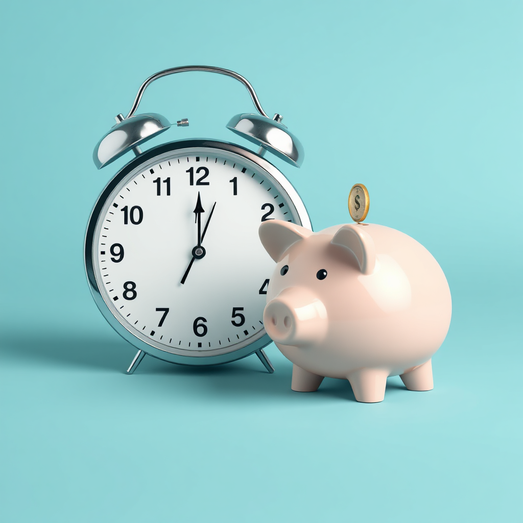 Create a photorealistic image featuring a clock and a piggy bank, symbolizing time and money saved. The clock should be modern and efficient, and the piggy bank should be full. Use a color palette of saving greens and efficient blues.