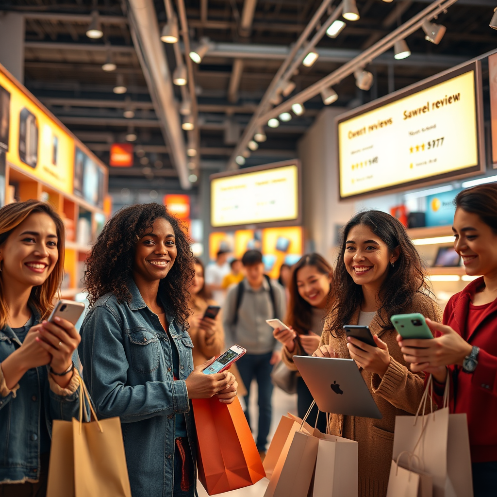 Create a photorealistic, ultra-high-quality header image for "Latest Deals And Offers." The image should feature a diverse group of people happily shopping online, surrounded by product displays and glowing screens showcasing positive reviews. The composition should be dynamic, with products like electronics, appliances, and fashion items subtly arranged in the background. The lighting should be warm and inviting, highlighting the excitement of finding great deals. Use a color palette of vibrant blues, greens, and yellows to convey trust and savings. The camera angle should be slightly low, making the scene feel grand and appealing. Texture details should include the crispness of product packaging, the soft glow of screens, and the genuine smiles of the shoppers. The environment should be a blend of a modern online marketplace and a traditional retail store. Props should include shopping bags, smartphones, and laptops. The style should be modern and approachable, similar to contemporary advertising campaigns. Technical specs: 8K resolution, hyperrealistic rendering with depth of field.