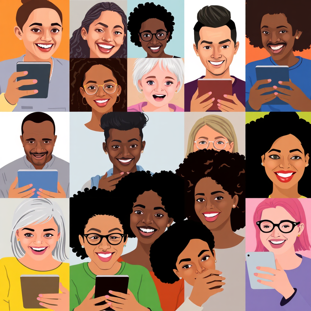  Create a stylized image featuring a collage of diverse faces expressing different emotions (happy, thoughtful, concerned) while using various products. The collage should be vibrant and engaging, capturing the essence of real user experiences. Use a color palette of diverse and inclusive colors.