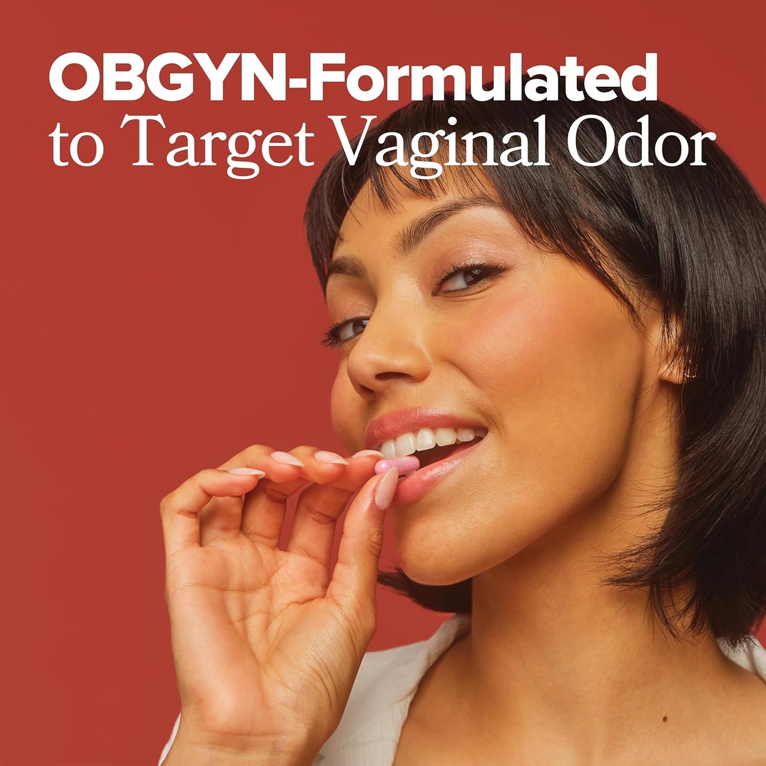 A photorealistic image showcasing the product in action, subtly integrated into a woman's daily routine. For example, if it's a supplement, show her confidently taking it with a glass of water in a bright, clean kitchen. The setting should convey health and well-being. Camera angle: medium shot, focusing on the interaction between the woman and the product. Lighting: bright and natural, emphasizing clarity and effectiveness.