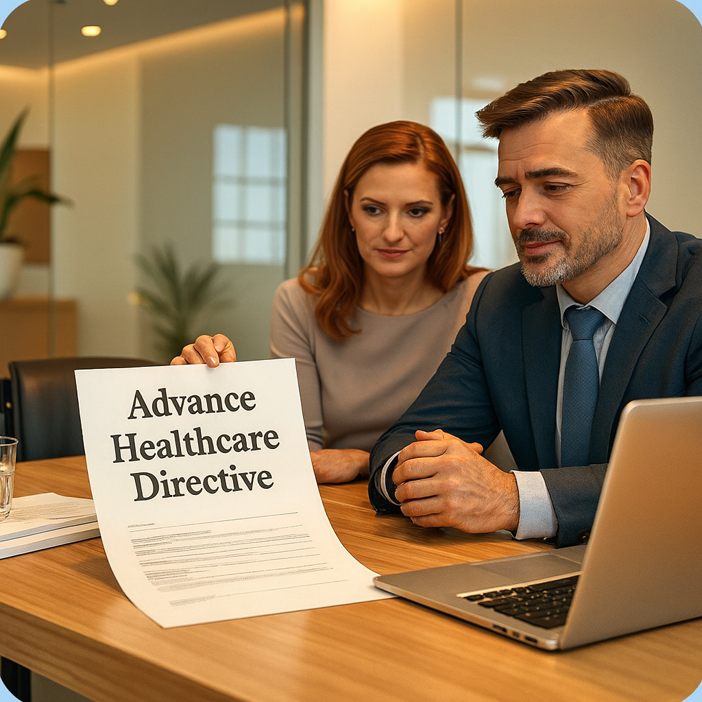 A vibrant, modern office setting with a lawyer explaining a living trust document to a couple. The document is on a table with a laptop displaying a graph representing financial assets. The couple has a concerned yet hopeful expression, highlighting the trust's role in securing their future.