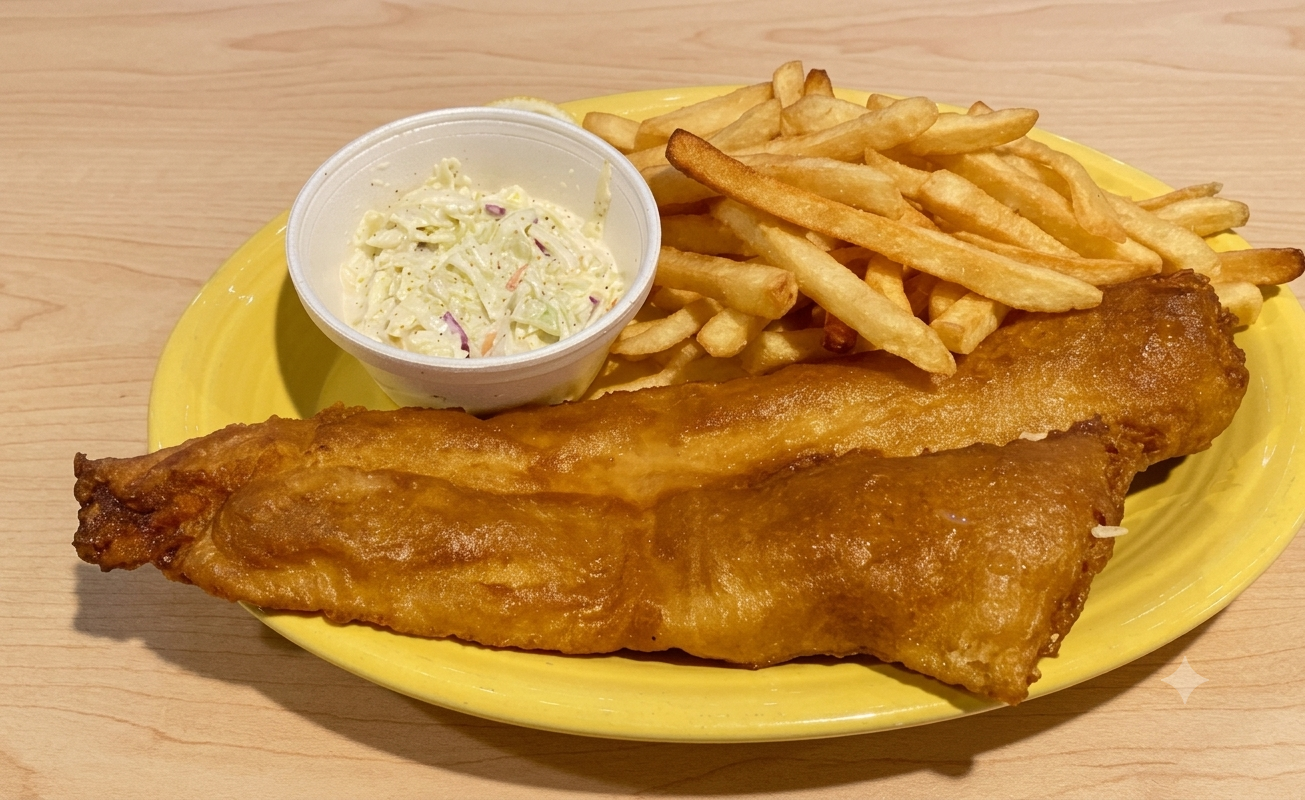 Crispy Golden Fish Dinner with Fries and Coleslaw