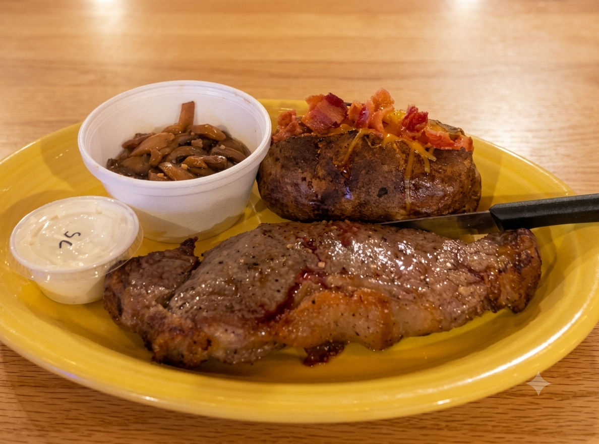 Juicy Ribeye Steak with Loaded Baked Potato and Mushrooms