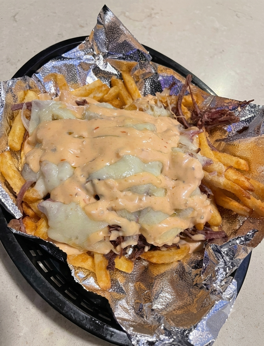 Loaded Fries with Melted Cheese and Sauce