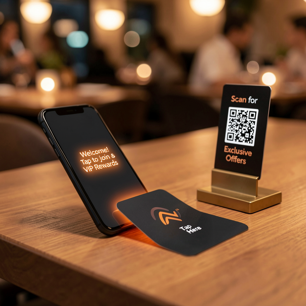 Phone tapping an NFC card on a restaurant table for instant VIP membership