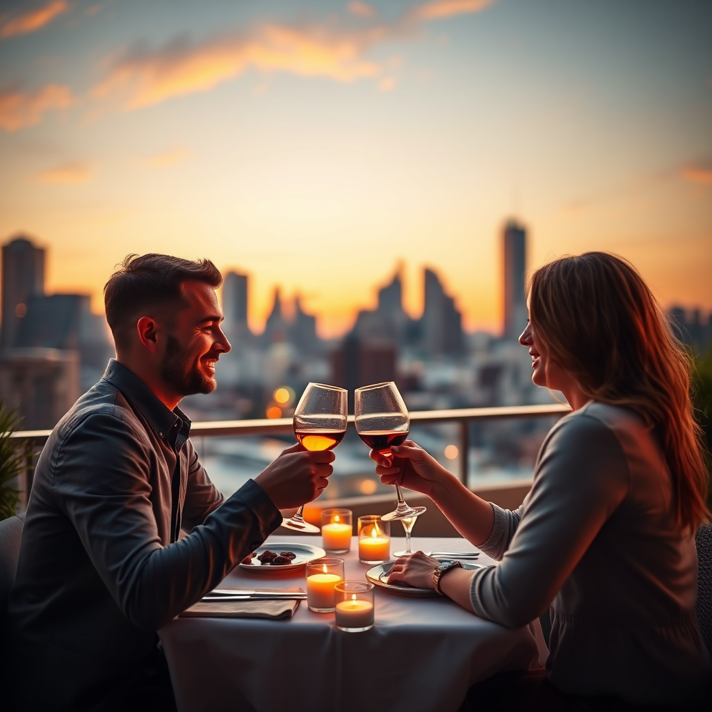 Couple enjoying rooftop dinner