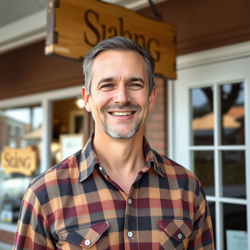 Smiling business owner in plaid shirt