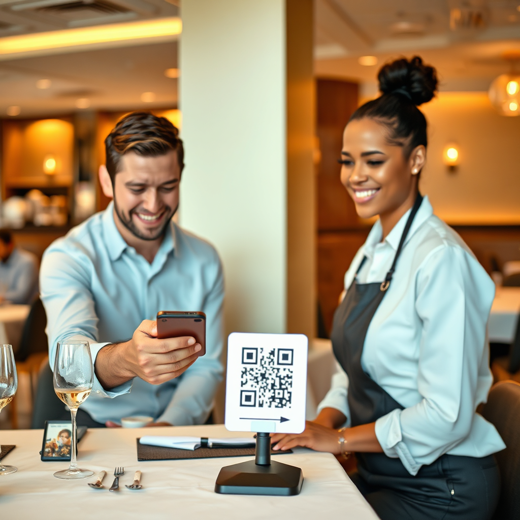 Customer scanning QR code at restaurant table