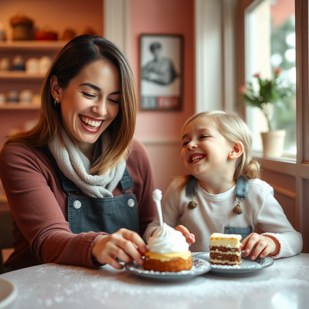 Mother and daughter sharing dessert