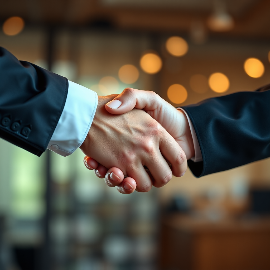 Create a photorealistic image representing trust in marketing. The image should depict two hands shaking firmly, symbolizing a business agreement. The background should be blurred, focusing on the hands. The lighting should be soft and warm to create trust. Style: Corporate and realistic. Technical Specs: 4K resolution, high quality.