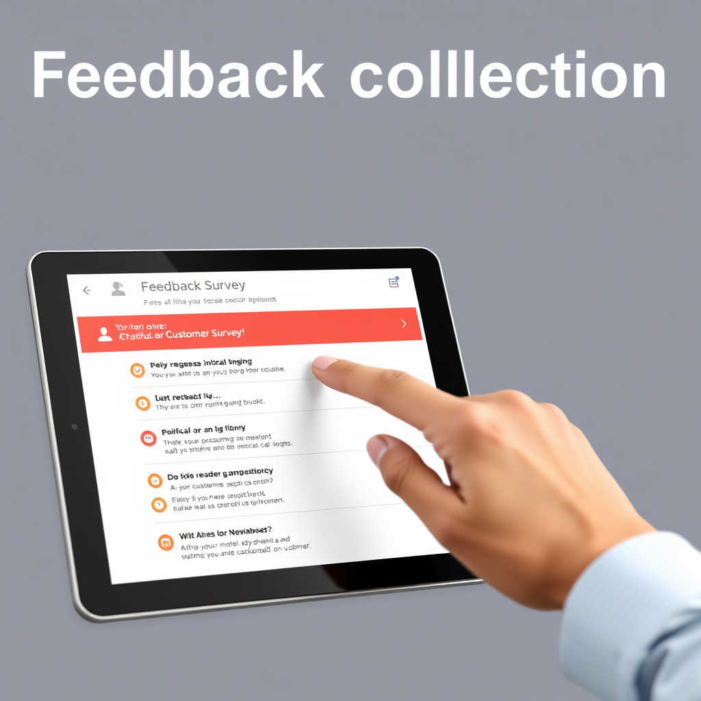 Create a photorealistic image representing feedback collection. The image should depict a tablet screen displaying a customer survey with positive responses highlighted. A hand is seen lightly tapping the screen, indicating interaction. Style: Clean, professional, and modern. Technical specs: 4K resolution.