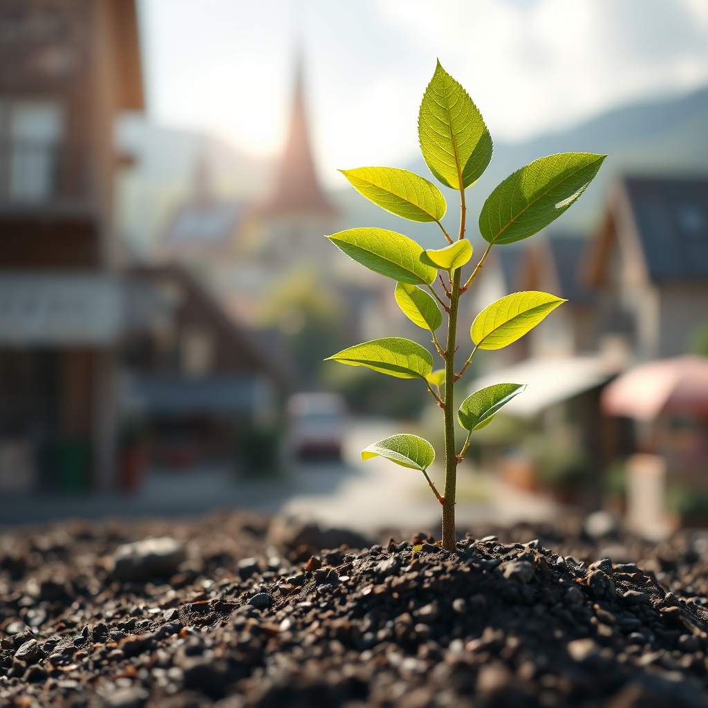 Create a photorealistic image representing sustainable business growth. The image should depict a small sapling growing steadily from fertile soil, with sunlight filtering through the leaves. The background should feature a soft, blurred image of a thriving local town. The style is natural and optimistic. Technical specs: 4K resolution.