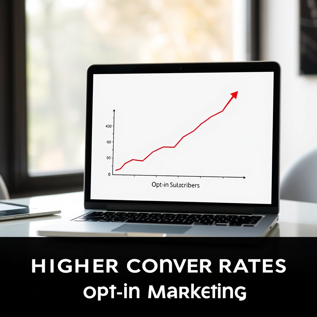 Create a photorealistic image representing higher conversion rates through opt-in marketing. The image should depict a clear, upward-trending graph on a laptop screen, with the x-axis labeled 'Opt-In Subscribers' and the y-axis labeled 'Conversion Rate.' The laptop is sitting on a clean, modern desk, with natural light filtering in from a nearby window. The scene should convey a sense of progress and achievement. Style: Professional and business-oriented. Technical specs: 4K resolution.