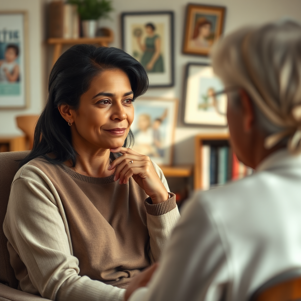 Create a photorealistic image of a thoughtful individual sitting comfortably in a chair, engaged in a conversation with a psychologist. The scene should be warmly lit, with soft, natural light illuminating the faces of both individuals. The background should be a blurred, inviting office space with bookshelves and artwork. Focus on capturing the expressions of empathy and understanding on the psychologist's face, and the sense of trust and openness on the client's face. Style: Empathetic realism. Technical specs: 4K resolution, high detail.