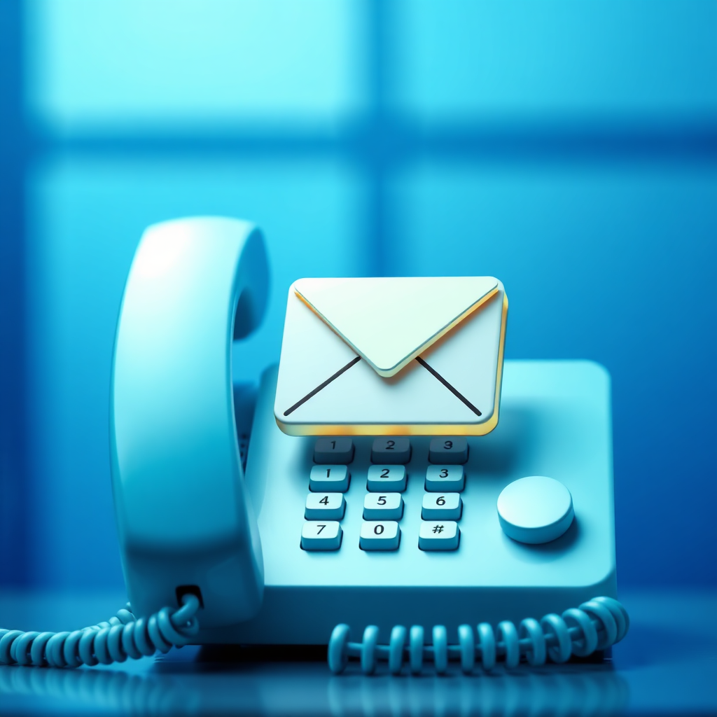 Create a stylized image of a telephone handset and an email icon side-by-side. The image should convey ease of communication and availability. Use a color palette of blues and greens to create a professional and trustworthy atmosphere. Style: Digital communication illustration. Technical specs: 4K resolution, high quality.