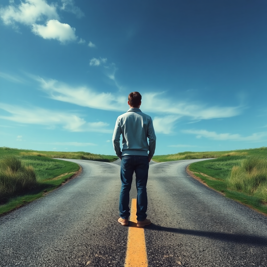Create a photorealistic image of a person standing at a crossroads, looking thoughtfully at the different paths ahead. The image should convey a sense of opportunity and choice. Use a color palette of blues, greens, and browns to create a contemplative atmosphere. Style: Crossroads realism.