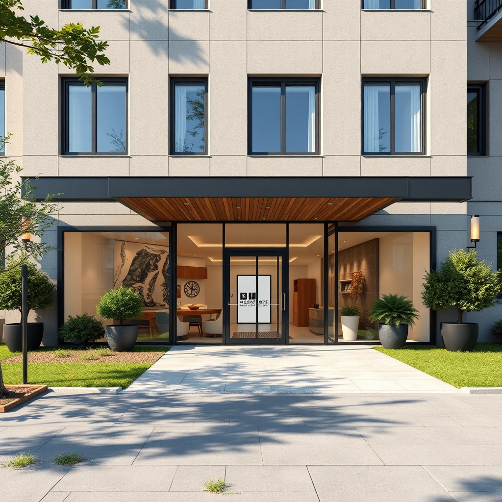 Create a photorealistic image of the exterior of a welcoming and professional-looking office building in Sibiu. The building should have a clean and modern design, with large windows and a visible address. The surroundings should be well-maintained and inviting. The image should convey a sense of professionalism and trustworthiness. Style: Architectural realism. Technical specs: 4K resolution, high detail.