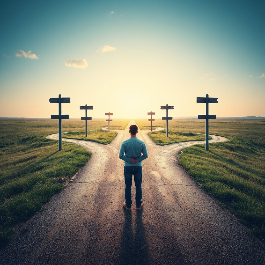 Create a photorealistic image of a person standing at a crossroads, with multiple paths leading in different directions. The person is looking thoughtfully at each path, considering their options. The overall scene conveys a sense of opportunity and choice. Use a color palette of blues, greens, and browns to create a thoughtful and inspiring atmosphere. Style: Crossroads realism. Technical specs: 4K resolution, high detail.