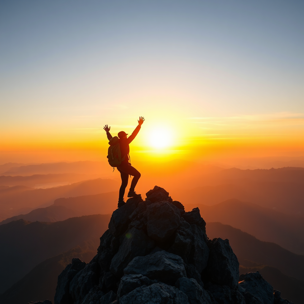 Create a photorealistic image of a person climbing a mountain, with a breathtaking view from the summit. The person is silhouetted against the rising sun, and the overall scene conveys a sense of accomplishment and empowerment. Use a color palette of oranges, yellows, and blues to create an inspiring and uplifting atmosphere. Style: Adventure realism. Technical specs: 4K resolution, high detail.