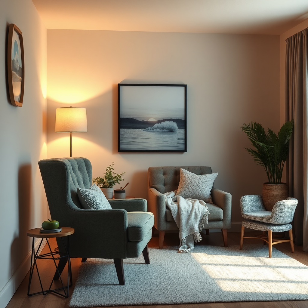 Create a photorealistic image of a cozy, inviting therapy room with soft lighting and comfortable furniture. Focus on creating a sense of safety, warmth, and privacy. Include elements like a comfortable armchair, a soft blanket, and a calming piece of artwork. The room should feel like a sanctuary where clients can feel comfortable opening up. Style: Comforting realism. Technical specs: 4K resolution, high detail.