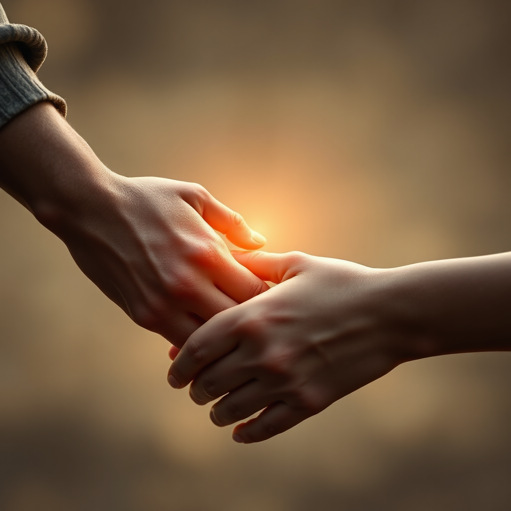 Create a photorealistic image of two intertwined hands reaching out to each other, with a soft, warm light illuminating the connection between them. The background should be blurred and out of focus, drawing attention to the hands as the central element of the image. Use a color palette of warm, earthy tones to create a sense of intimacy and connection. Style: Romantic realism. Technical specs: 4K resolution, high detail.