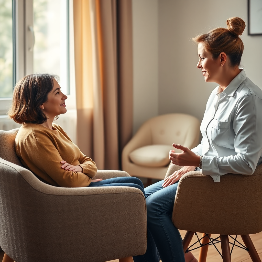 Create a photorealistic image of a person sitting in a comfortable chair, talking to a therapist. The scene should be warmly lit, with soft, natural light filtering through a window. Focus on capturing the sense of trust and empathy between the client and the therapist. Style: Empathetic realism.