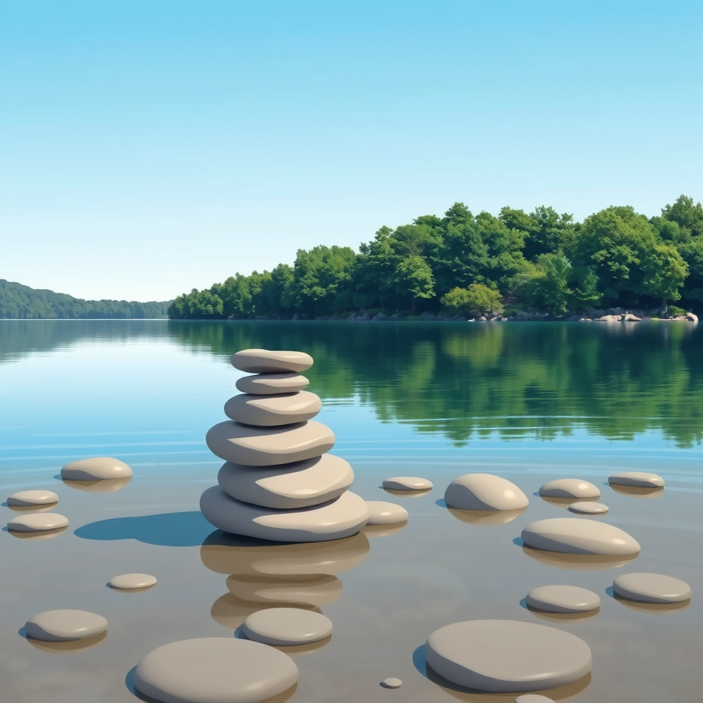 Create a stylized image of a calm, serene lake with smooth stones stacked on the shore. The lake reflects a clear blue sky, and the surrounding trees are lush and green. The stones represent balance and stability, and the overall scene conveys a sense of peace and tranquility. Use a color palette of blues, greens, and browns to create a calming atmosphere. Style: Zen illustration. Technical specs: 4K resolution, high quality.
