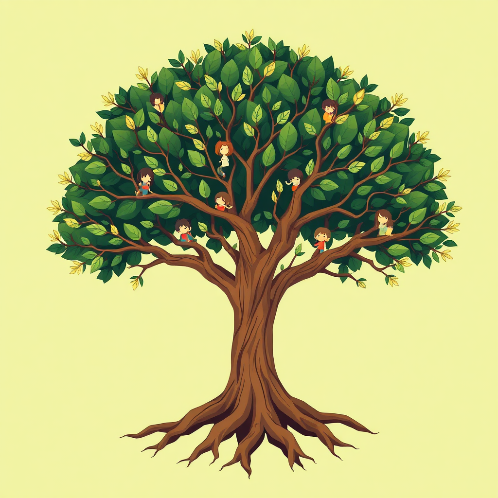 Create a stylized image of a family tree with strong roots and flourishing branches. Each branch represents a family member, and the overall tree symbolizes the interconnectedness and strength of the family unit. Use a color palette of greens, browns, and golds to create a warm and inviting atmosphere. Style: Family illustration. Technical specs: 4K resolution, high quality.