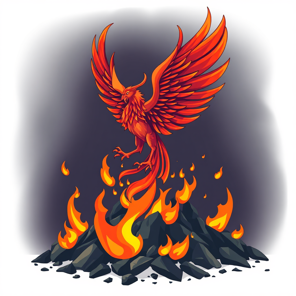 Create a stylized image of a phoenix rising from ashes, with flames of vibrant colors. The phoenix represents resilience and transformation, and the ashes represent the past. The overall scene conveys a sense of hope and renewal. Use a color palette of reds, oranges, and yellows to create a powerful and inspiring atmosphere. Style: Symbolic illustration. Technical specs: 4K resolution, high quality.
