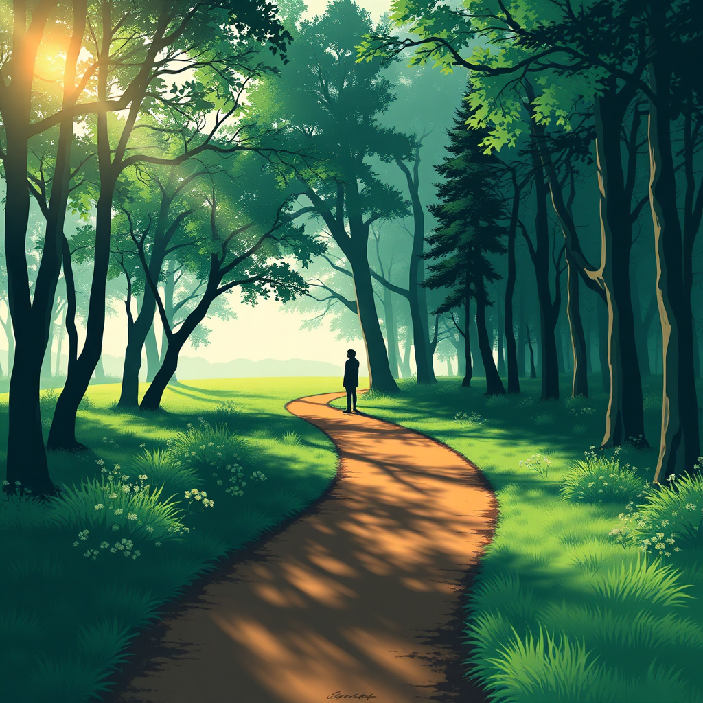 Create a stylized image of a winding path leading through a forest, with sunlight filtering through the trees. At the end of the path, depict a silhouette of a person standing in a clearing, looking towards the horizon. The path represents the journey of self-discovery, and the clearing represents a sense of clarity and understanding. Use a color palette of greens, blues, and golds to create a peaceful and inspiring atmosphere. Style: Symbolic illustration. Technical specs: 4K resolution, high quality.