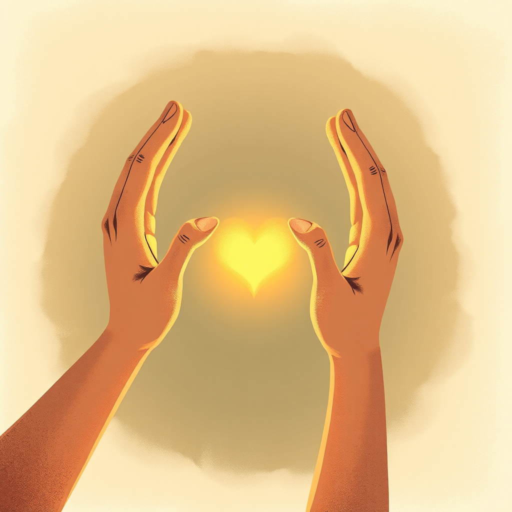 Create a stylized image of two hands reaching out to each other, with a heart-shaped light connecting them. The image should convey a sense of connection, intimacy, and support. Use a color palette of warm, earthy tones to create a comforting atmosphere. Style: Romantic illustration.
