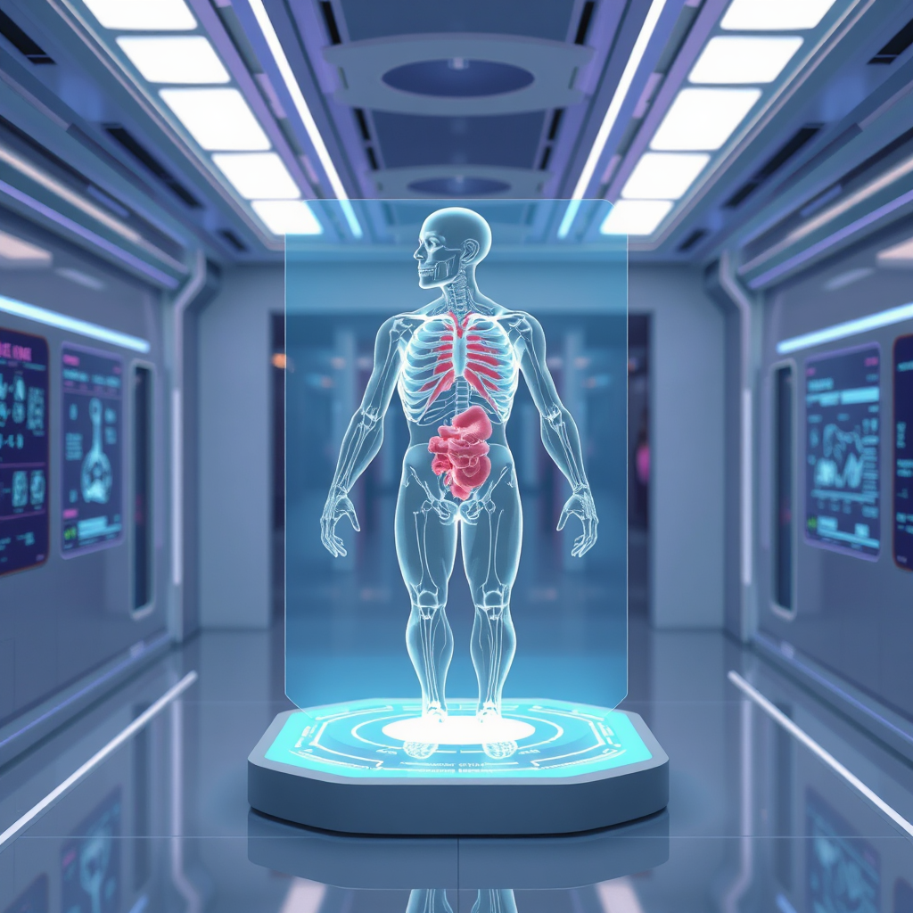 Create a futuristic image depicting a holographic medical display projecting a 3D anatomical model. The background should be a sterile, high-tech environment with subtle holographic interfaces. The color palette should be modern and futuristic, using blues, purples, and whites. Consider a medium shot emphasizing the holographic display and its advanced capabilities. The style should be innovative and forward-thinking, reflecting the future of medical technology.