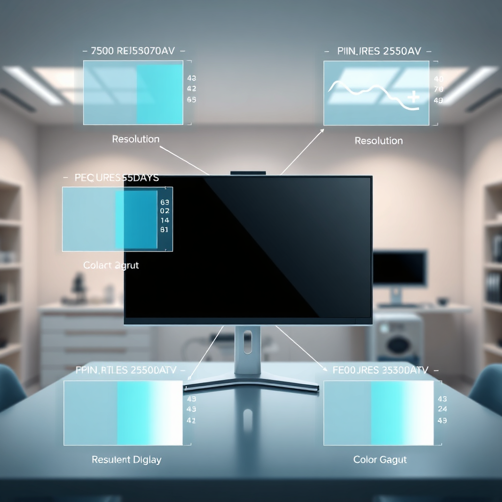 Create a photorealistic image showcasing a high-resolution medical display with various graphical overlays illustrating different display metrics (resolution, contrast ratio, color gamut). The background should be a clean, modern workspace with soft, diffused lighting. The display should be the central focus, with the graphical overlays appearing clear and informative. Use a color palette of blues, greens, and whites to convey clarity and precision. Consider a close-up shot emphasizing the display's clarity and detail. The style should be technical and informative, similar to product photography.