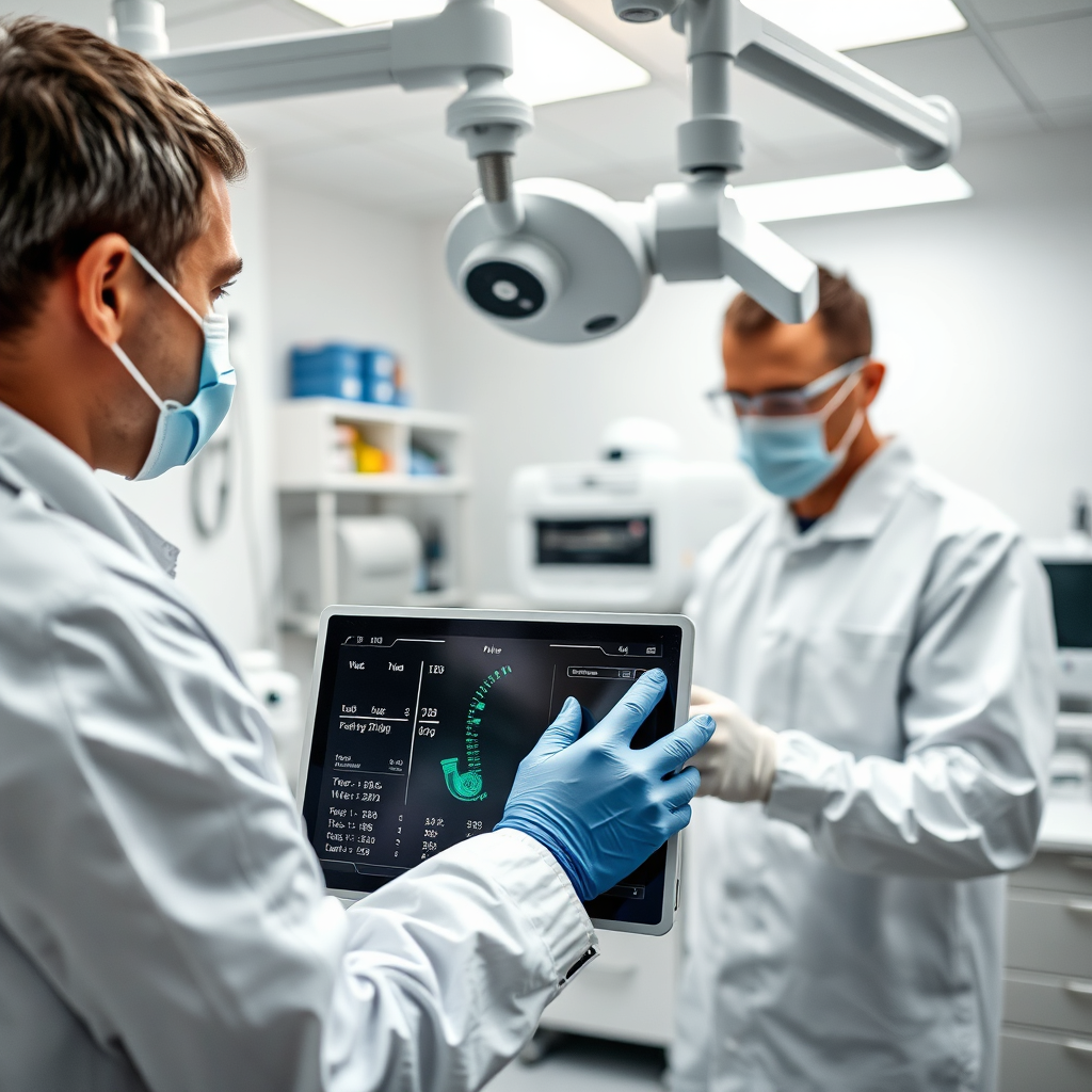 Create a photorealistic image depicting a technician carefully cleaning and calibrating a medical display. The background should be a clean, organized maintenance area with specialized equipment. The lighting should be bright and focused on the display and the technician's actions. Use a color palette of clean whites, blues, and grays to convey precision and professionalism. Consider a close-up shot emphasizing the technician's attention to detail. The style should be technical and informative, similar to product maintenance photography.
