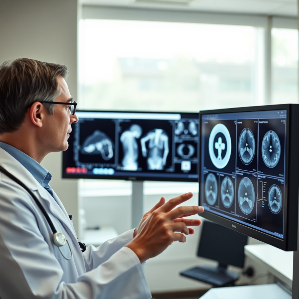 Create a photorealistic image depicting a medical professional (doctor or radiologist) reviewing multiple medical displays side-by-side. Each display should showcase a different modality (e.g., X-ray, MRI, CT scan). The background should be a modern medical office with natural lighting. The composition should emphasize the process of comparing and selecting the optimal display. Use a color palette of neutral tones with subtle pops of color from the displays. Consider a medium shot capturing the professional's focused expression and the variety of displays. The style should be realistic and informative, similar to lifestyle photography.