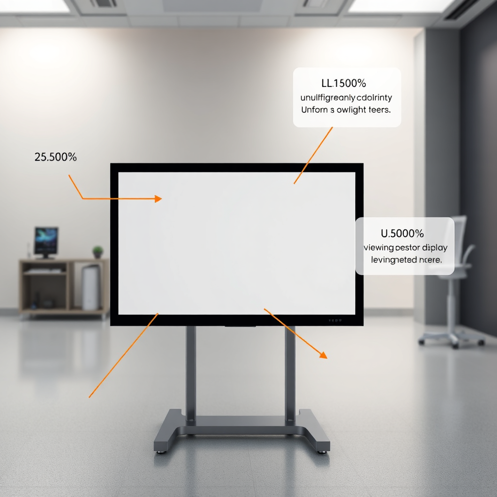 Create a photorealistic image showcasing a medical display with annotations highlighting key features like brightness levels, uniformity metrics, and viewing angles. The background should be a controlled lighting environment to emphasize display performance. Use a color palette of neutral tones with subtle pops of color from the annotations. Consider a medium shot focusing on the display and its features. The style should be technical and informative, similar to product demonstration photography.