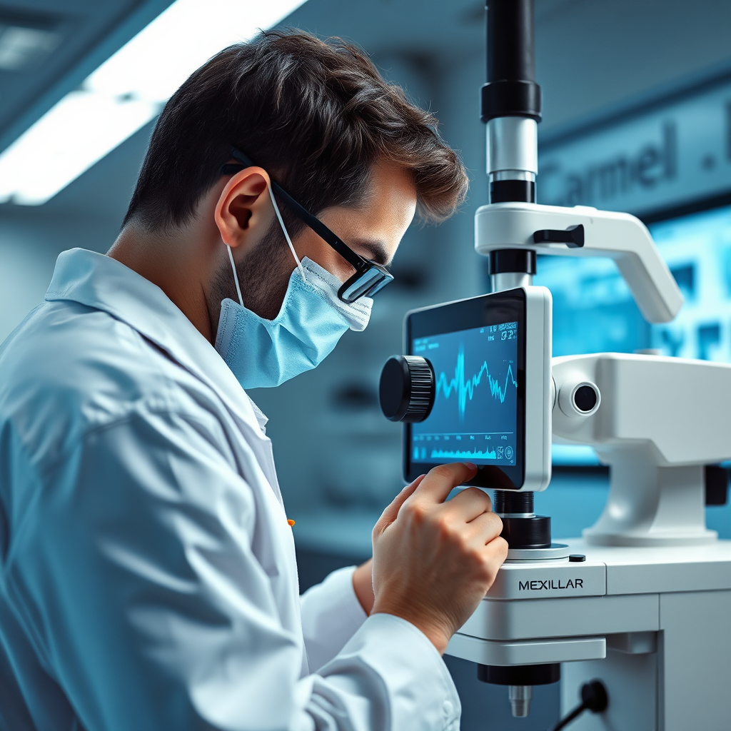 Create an image depicting a technician calibrating a medical display using specialized equipment. The background should be a controlled lighting environment to ensure precision. The color palette should be clean and technical, using blues, grays, and whites. Focus on the technician's expertise and the accurate calibration process.