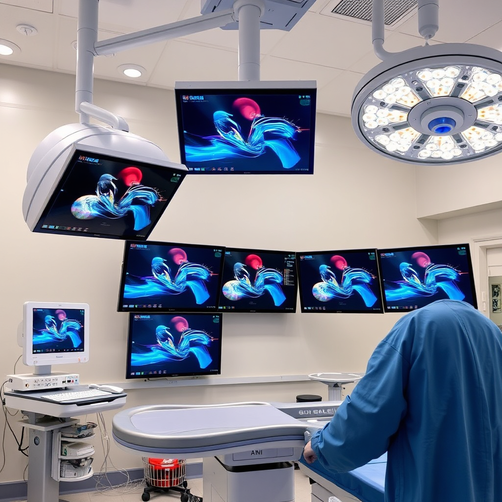 Create an image showcasing a variety of medical displays integrated into a modern healthcare setting. Customize the arrangement and type of the displays to show flexible solutions. Show it installed in an operating room.