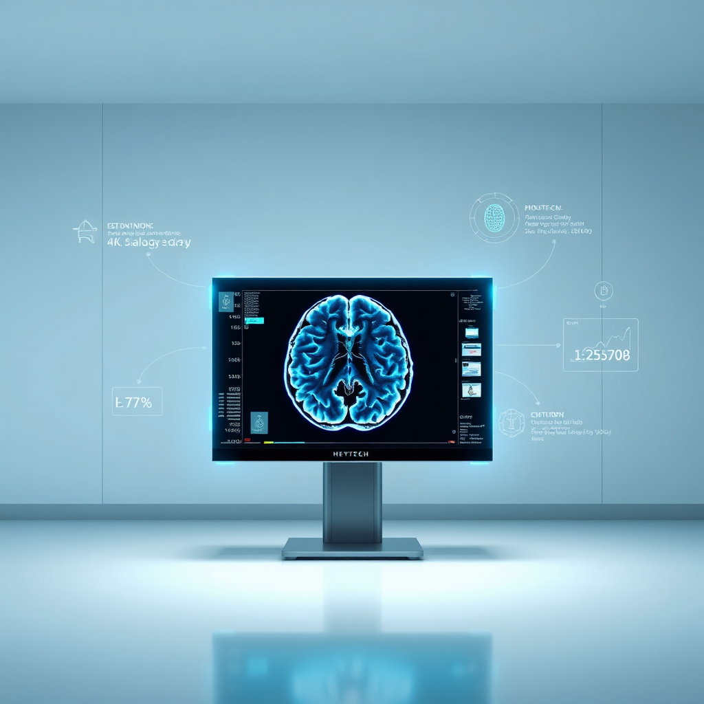 Generate a 4K resolution, high-quality image representing Heytech's mission of providing clarity in medical display technology. The image should feature a stylized brain scan image being projected onto a modern medical display. Around the display, subtle holographic interfaces show data points and technical specifications. The background should be a clean, minimalist environment with soft, diffused lighting. The color palette should consist of calming blues, greens, and whites, creating a sense of trust and reliability. Consider a slightly angled, medium shot focusing on the display and holographic elements. Emphasize clarity and precision in the details. The overall style should be modern and futuristic, reflecting the advanced nature of medical display technology. Texture should be subtle but present on the display casing and holographic projections.