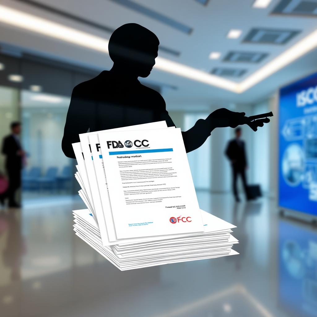 Generate a stylized image depicting a stack of regulatory documents (e.g., FDA approvals, ISO certifications) overlaid on a silhouette of a medical display. The background should be a clean, corporate environment with a sense of authority and compliance. The color palette should be professional and trustworthy, using blues, grays, and whites. Consider a medium shot emphasizing the importance of regulatory compliance in medical technology. The style should be clean and modern, with a focus on conveying information clearly.