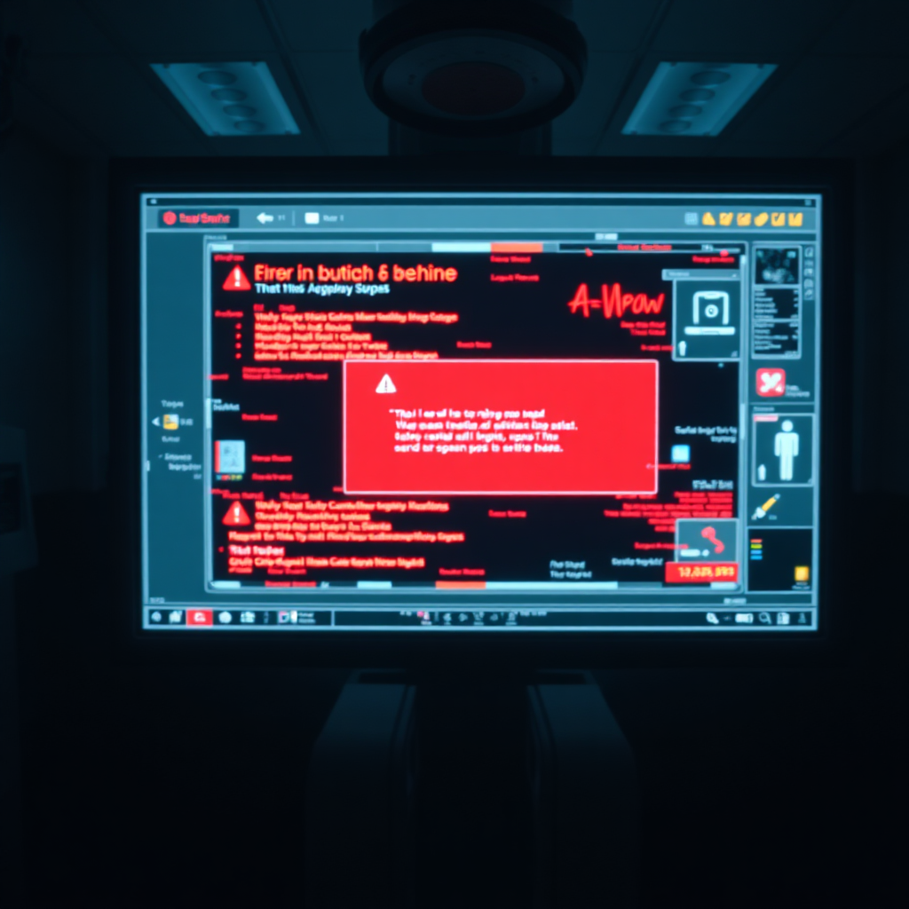 Generate a stylized image depicting a medical display screen with various visual glitches and artifacts. The background should be a darkened room to emphasize the display issues. The color palette should be contrasting, using dark tones with bright pops of error messages or distorted imagery. Consider a close-up shot focusing on the display and the visible errors. The style should be dramatic and attention-grabbing, conveying the frustration of display problems.