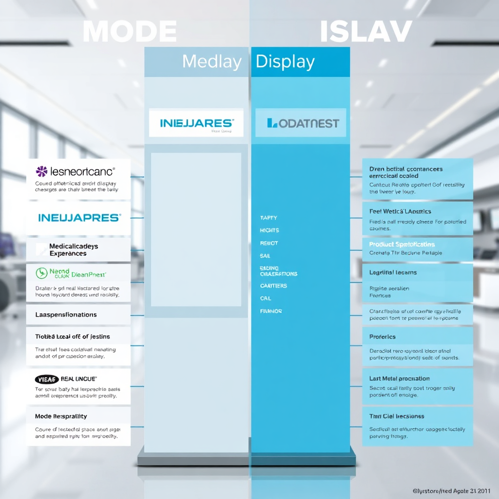 Generate a stylized image depicting a side-by-side comparison of different medical display brands and models. Each display should be clearly labeled and showcasing key specifications. The background should be a clean, neutral environment. The color palette should be professional and informative, using blues, grays, and whites. Consider a wide shot capturing the variety of displays and their specifications. The style should be clean and modern, similar to product comparison infographics.