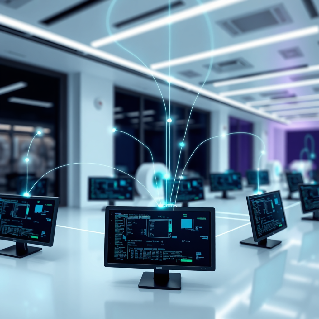 Generate a stylized image depicting a network of interconnected medical displays exchanging DICOM data. The background should be a clean, futuristic environment with subtle glowing lines representing data transfer. The color palette should be modern and technological, using blues, greens, and purples. Consider a wide shot capturing the scale and complexity of DICOM networking. The style should be abstract and informative, conveying the seamless transfer of medical information.