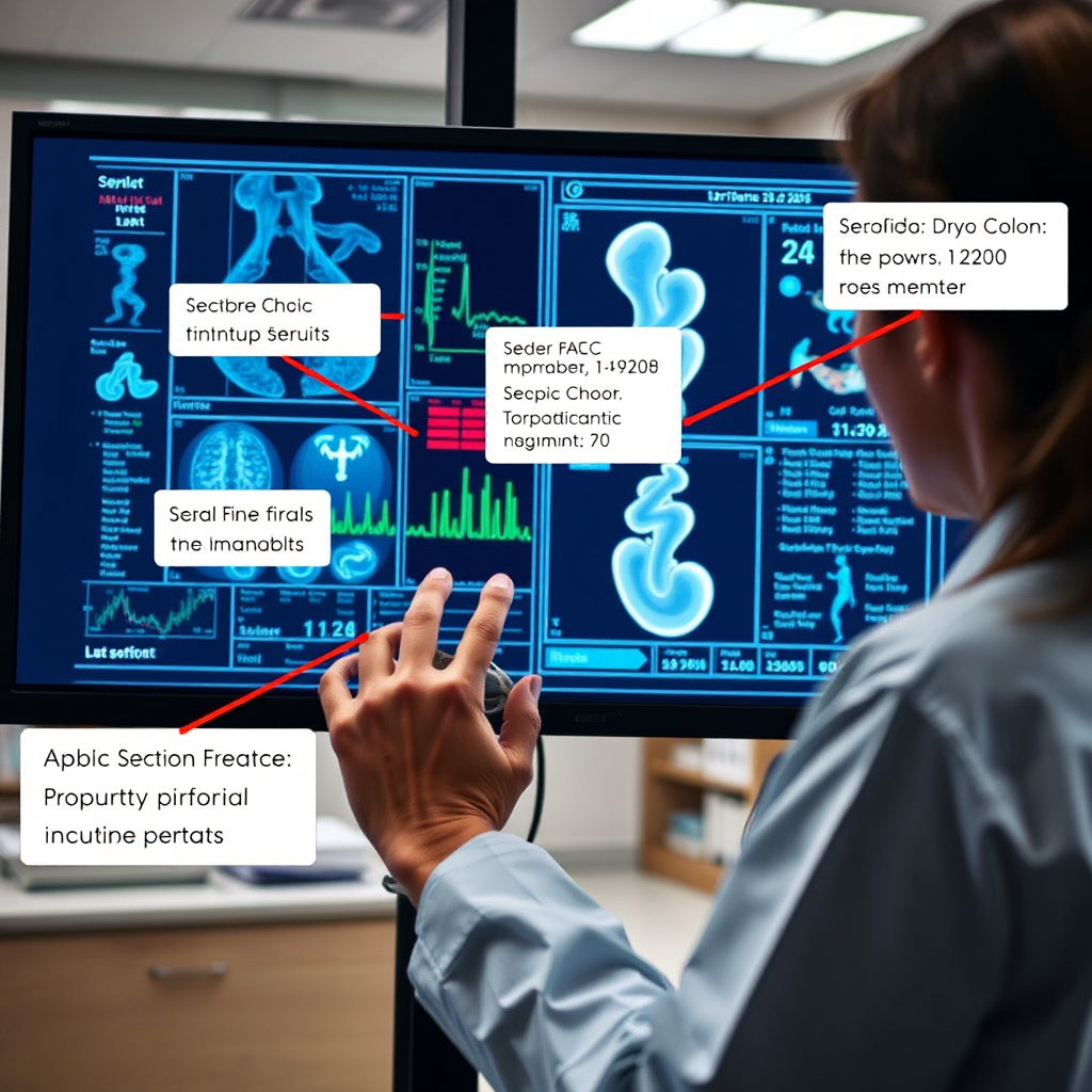 Generate an image featuring a medical professional reviewing data on a medical display with various test results and annotations overlaid. Show the process of analyzing the technical aspects of the monitor. Background is a modern office.