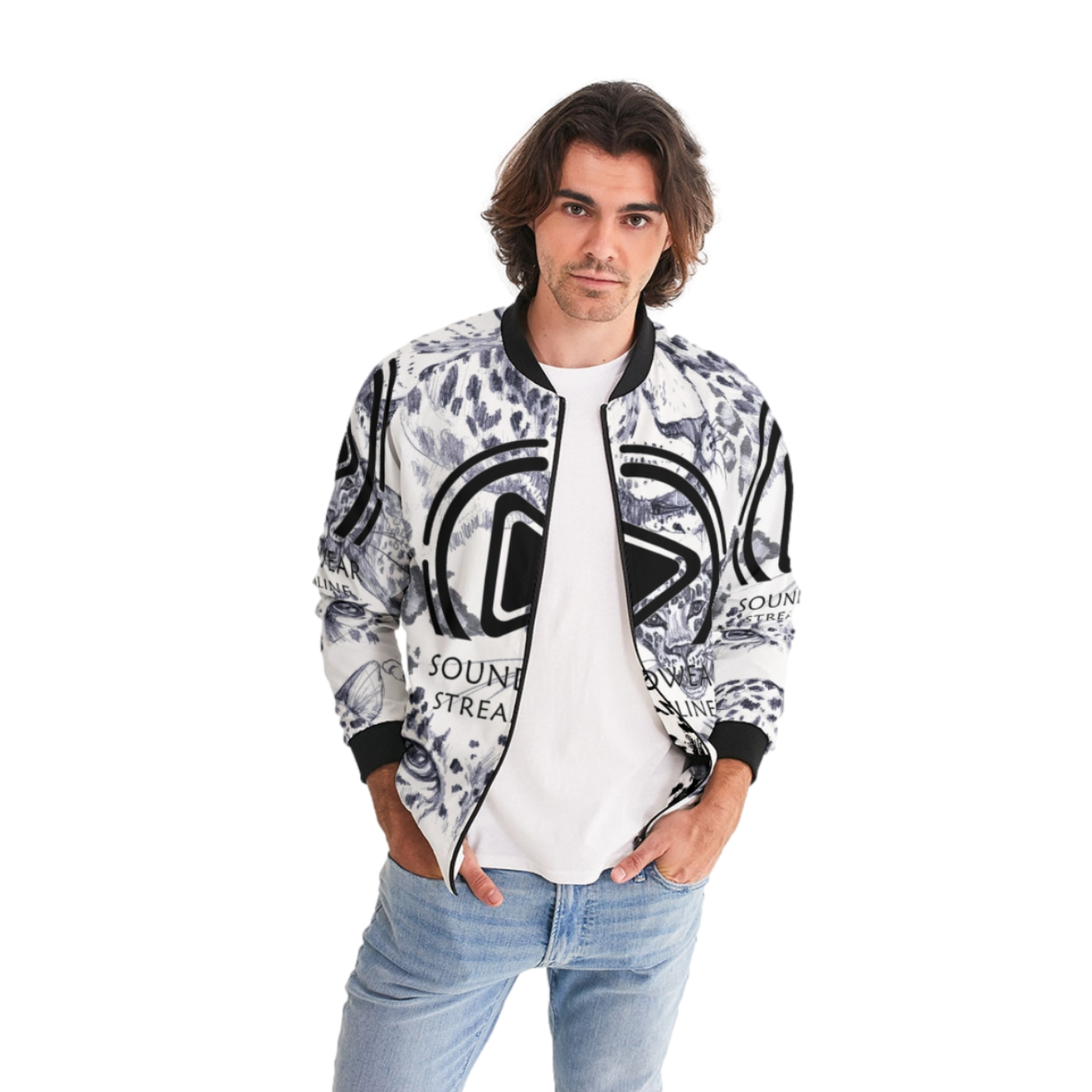 Create a visually stunning image showcasing a diverse range of custom-designed clothing from the SOUNDWEAR STREAMLINE catalog. The clothes should be displayed on mannequins in various dynamic poses. Focus on the intricate details of the designs, highlighting the subtle incorporation of sound wave patterns and musical motifs. The background should be a clean, minimalist studio setting with soft, diffused lighting. The overall style should be modern and fashionable, with a focus on showcasing the unique and innovative designs of the collection.