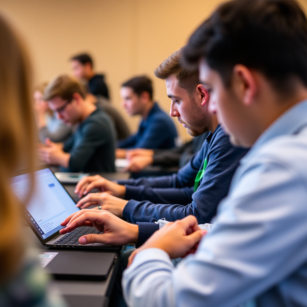 A close-up image of hands-on workshop attendees, focusing on the digital tools being used, such as coding software or data analysis dashboards. Show the precision and practical application of skills. Style: Practical, detailed, and skill-oriented.