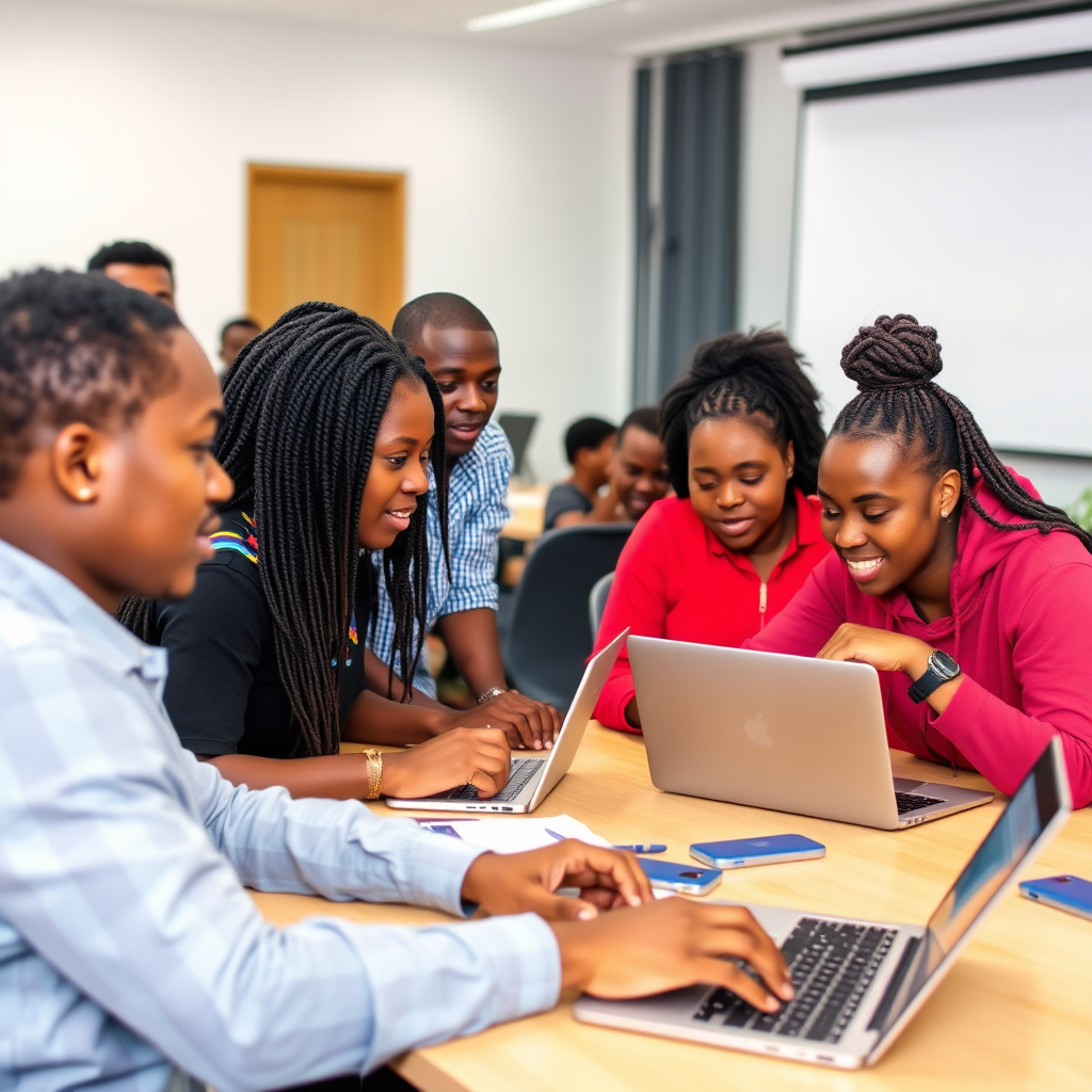 A diverse group of young Ghanaians participating in a digital skills workshop, using laptops and engaging with instructors. The setting is a modern, well-equipped training room. Emphasize collaboration and hands-on learning. Style: Energetic, inclusive, and future-focused.