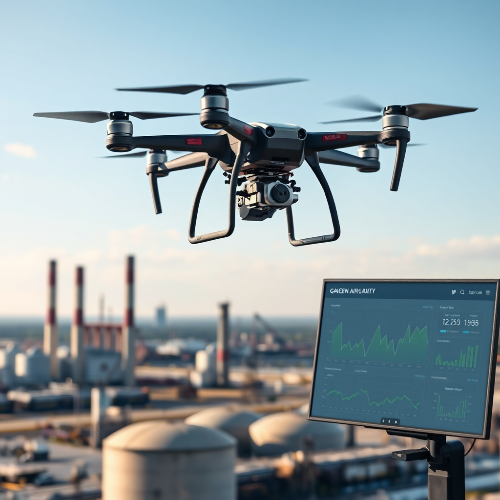 A drone equipped with sensors monitoring air quality over an industrial area, with data being displayed on a digital dashboard. Show accurate data and environmental awareness. Style: Technological, precise, and environmentally conscious.