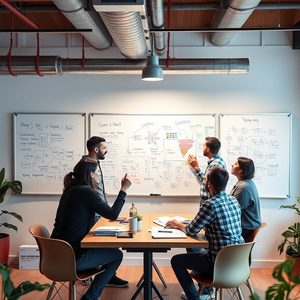A dynamic image of a startup team brainstorming ideas in a vibrant co-working space, with whiteboards filled with concepts and strategies. The image should convey energy, collaboration, and innovation. Style: Energetic, collaborative, and creative.